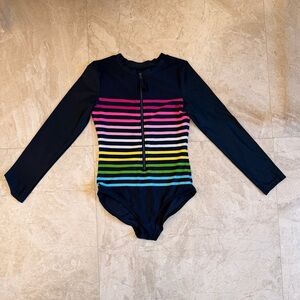 Gap Kids Swimsuit Girls XL Blue Multicolor Striped Rash Guard One Piece Zip